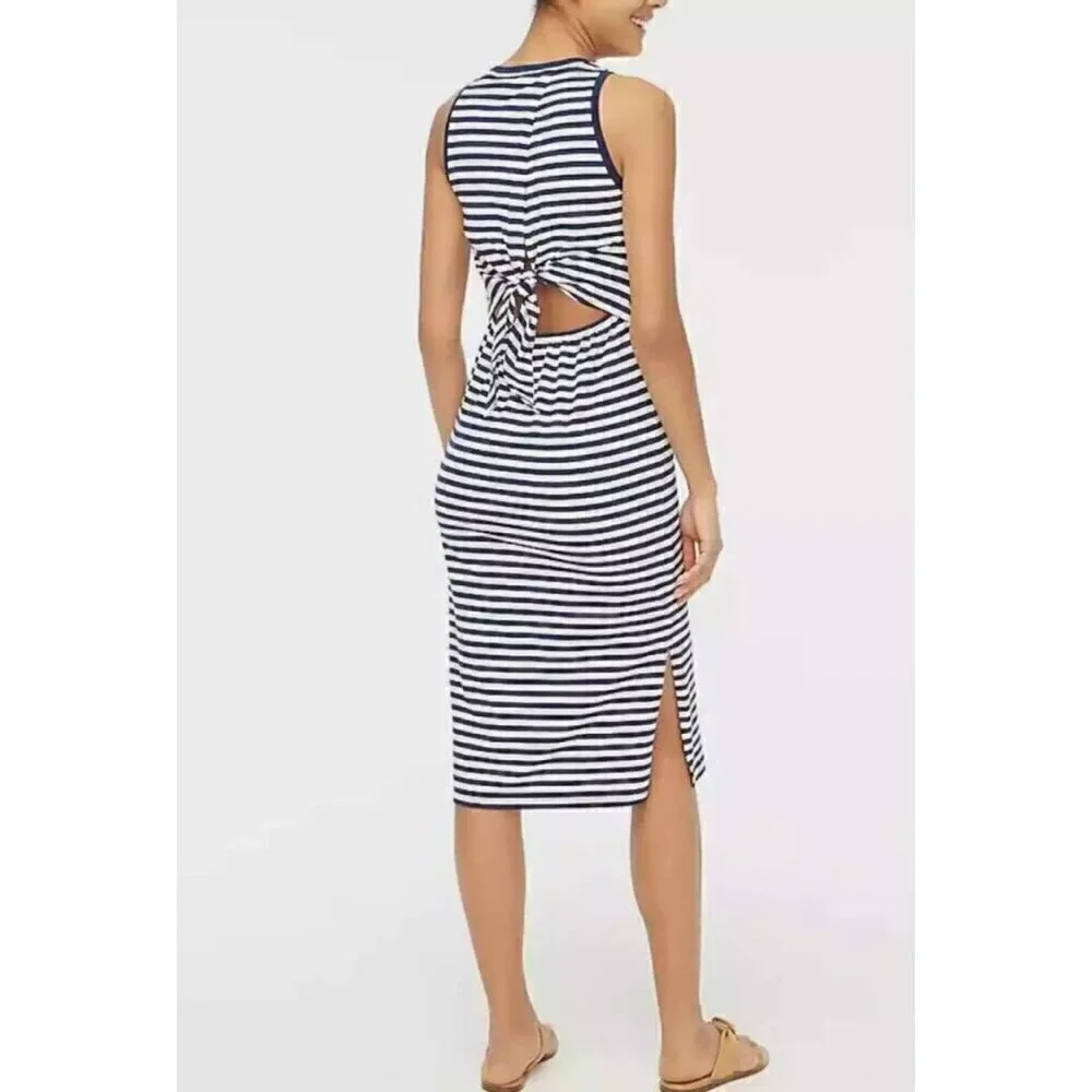 New J. Crew Size S Navy and White Striped Tie Back Knit Midi Dress BR906